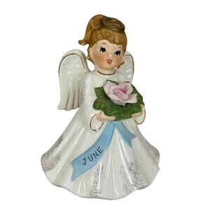 Vintage Lefton June Birthday Angel Music Box White Dress with Pink Rose Plays